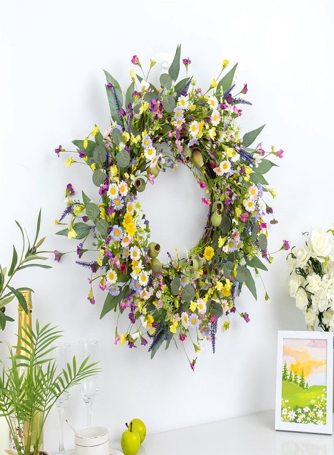 Yawwind 22 Inches Spring Wreaths for Front Door Rustic Spring Floral Wreath Summer Door Wreaths Wildflower Wreath with Lavender Daisy for Indoors Windows Porch Wall Outside - Image 3