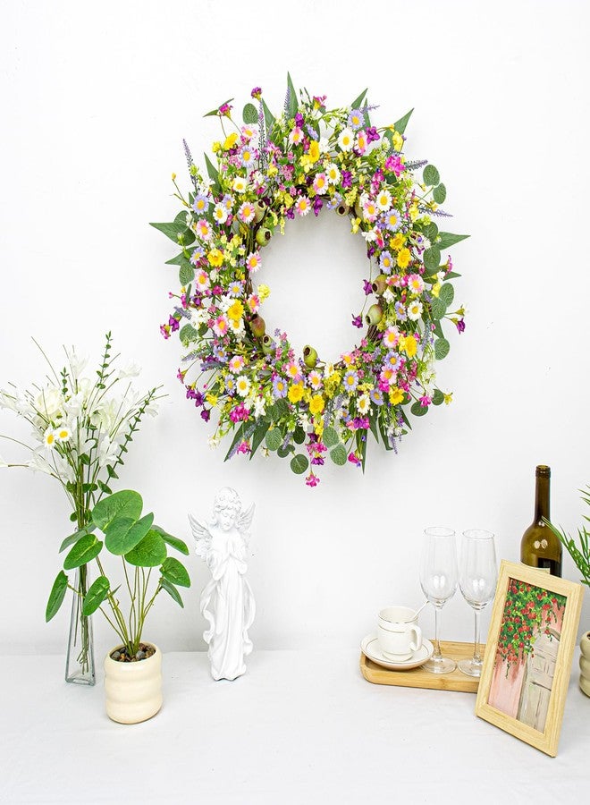Yawwind 22 Inches Spring Wreaths for Front Door Rustic Spring Floral Wreath Summer Door Wreaths Wildflower Wreath with Lavender Daisy for Indoors Windows Porch Wall Outside - Image 5