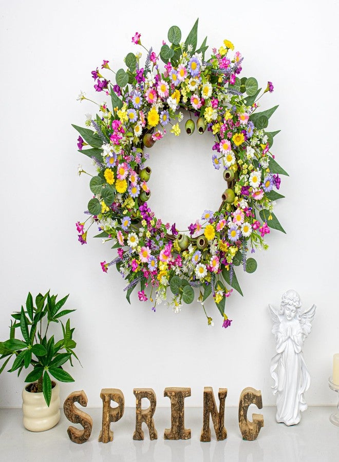 Yawwind 22 Inches Spring Wreaths for Front Door Rustic Spring Floral Wreath Summer Door Wreaths Wildflower Wreath with Lavender Daisy for Indoors Windows Porch Wall Outside - Image 4