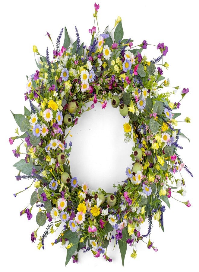 Yawwind 22 Inches Spring Wreaths for Front Door Rustic Spring Floral Wreath Summer Door Wreaths Wildflower Wreath with Lavender Daisy for Indoors Windows Porch Wall Outside - Image 1