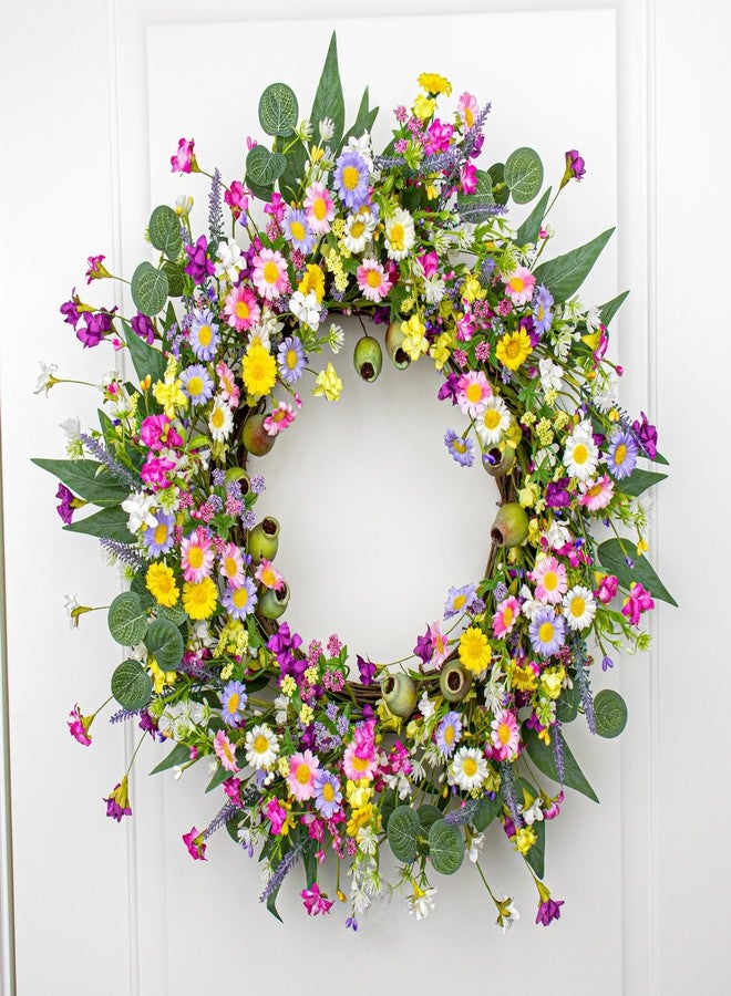 Yawwind 22 Inches Spring Wreaths for Front Door Rustic Spring Floral Wreath Summer Door Wreaths Wildflower Wreath with Lavender Daisy for Indoors Windows Porch Wall Outside - Image 2