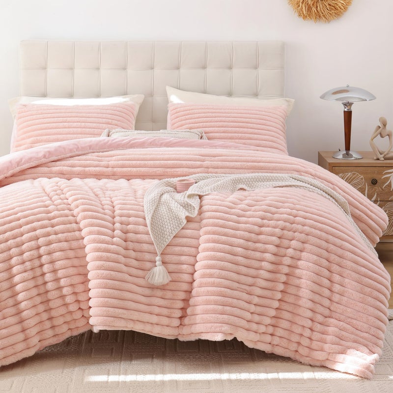 Smoofy Fluffy Queen Size Comforter Set 3 Pieces - Blush Pink Fleece Fluffy Comforter Set, Luxury Fuzzy Queen Bedding, Soft Warm Queen Bed Set All Season, Heavy Faux Fur Comforter with 2 Pillow Cases - Image 1