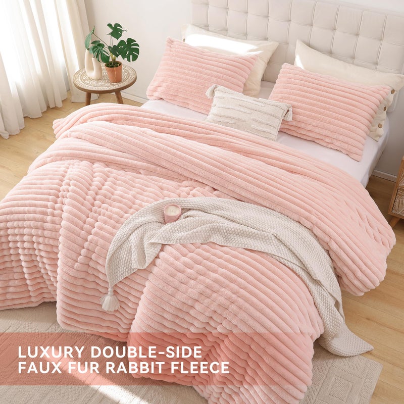 Smoofy Fluffy Queen Size Comforter Set 3 Pieces - Blush Pink Fleece Fluffy Comforter Set, Luxury Fuzzy Queen Bedding, Soft Warm Queen Bed Set All Season, Heavy Faux Fur Comforter with 2 Pillow Cases - Image 4