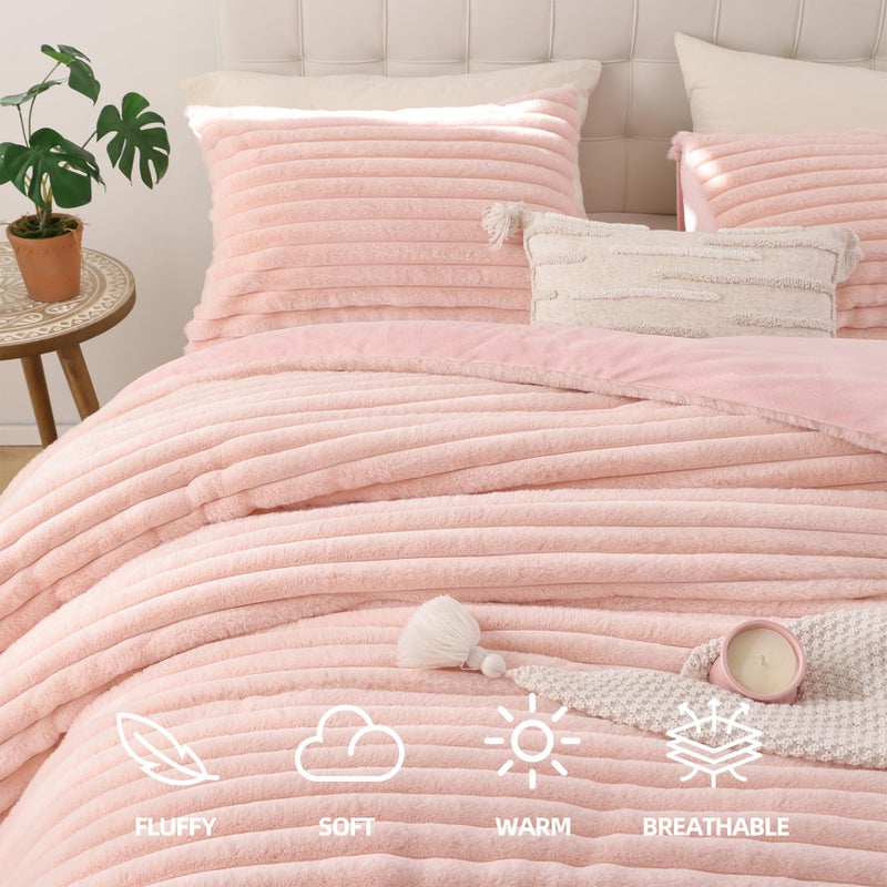 Smoofy Fluffy Queen Size Comforter Set 3 Pieces - Blush Pink Fleece Fluffy Comforter Set, Luxury Fuzzy Queen Bedding, Soft Warm Queen Bed Set All Season, Heavy Faux Fur Comforter with 2 Pillow Cases - Image 2