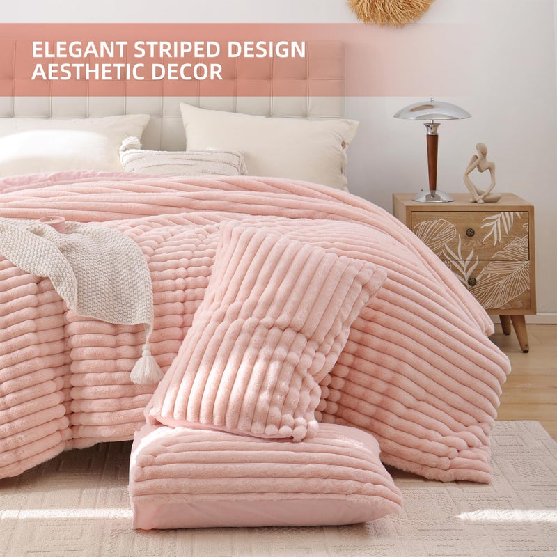 Smoofy Fluffy Queen Size Comforter Set 3 Pieces - Blush Pink Fleece Fluffy Comforter Set, Luxury Fuzzy Queen Bedding, Soft Warm Queen Bed Set All Season, Heavy Faux Fur Comforter with 2 Pillow Cases - Image 3