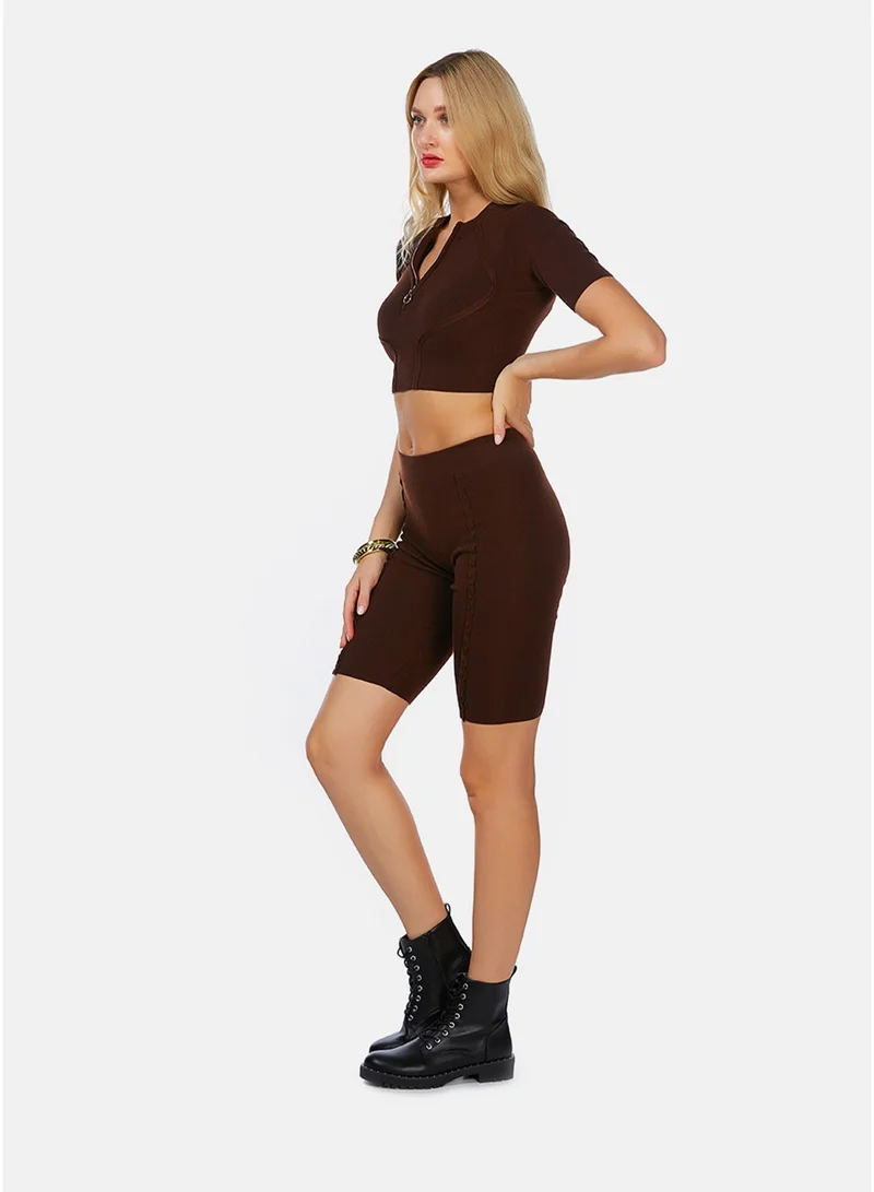 London Rag CL8142_DK BROWN London Rag Zip up Half Sleeve Cropped Cardigan in Dark Brown for Women | Best Price UAE
