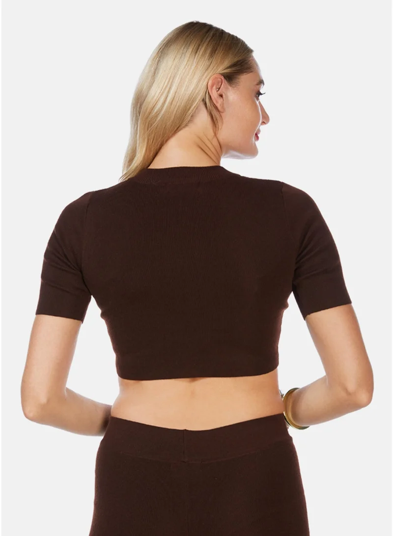 London Rag CL8142_DK BROWN London Rag Zip up Half Sleeve Cropped Cardigan in Dark Brown for Women | Best Price UAE