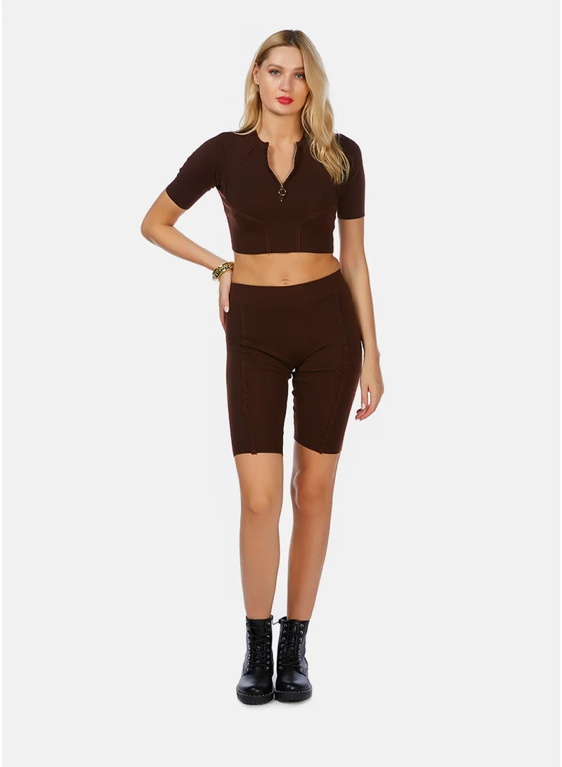 London Rag CL8142_DK BROWN London Rag Zip up Half Sleeve Cropped Cardigan in Dark Brown for Women | Best Price UAE