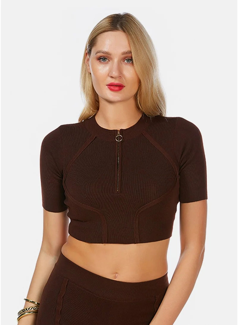 London Rag Zip up Half Sleeve Cropped Cardigan in Dark Brown