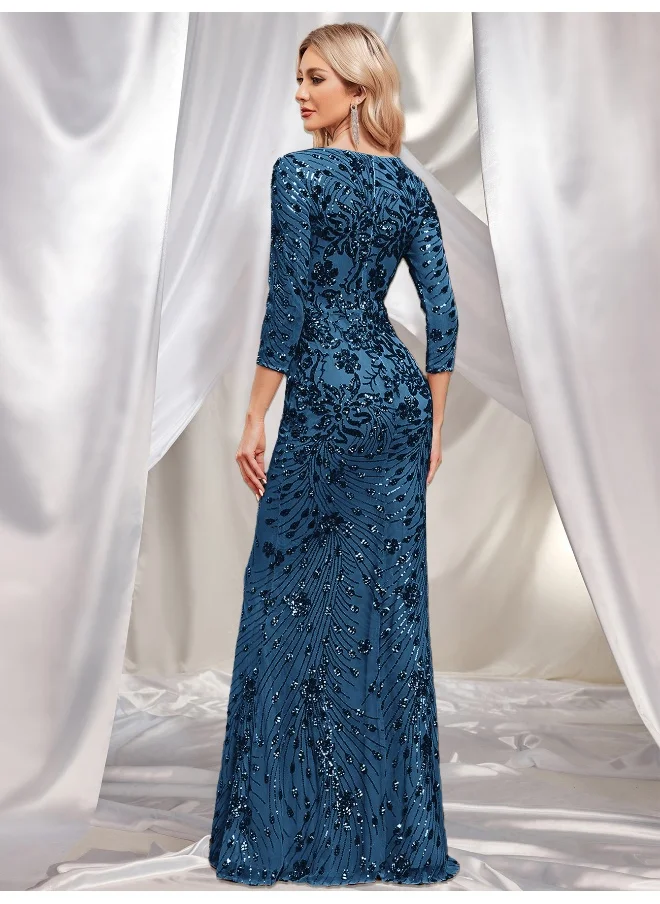 Madam Uniq Blue Sequin Embroidered Long Sleeve Mermaid Gown - Elegant Fitted Evening Dress