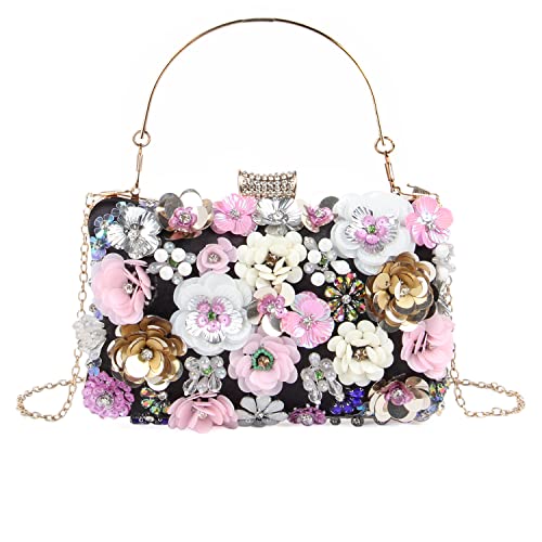 Fecialy Women's Floral Evening Handbags Colorful Rhinestone Clutch Purses Floral Bride Wedding Handbag Chain Shoulder Bag - Image 1