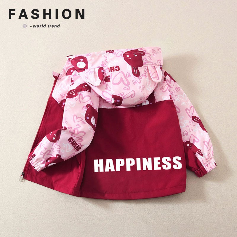 Childrens Clothing 2025 Childrens Coat Spring and Autumn Boys Casual Western-style Jacket Top Girls Fashionable Windbreaker Rush Clothes Trendy wine red (Kitty Bear) 