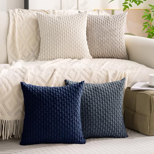 Cozoomy Set of 4 Navy White Taupe Decorative Throw Pillow Covers 18x18 Inch Corduroy Pillow Covers for Bed Couch Sofa Living Room Soft Square Cushion Cases - Image 2