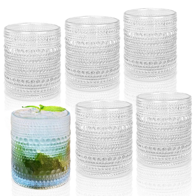 Hobnail Drinking Glasses Set of 6 10 oz Cocktail Glasses Vintage Glasses Drinking Set Glass Cups Mixed Drinkware Set Vintage Glassware Set for Juice Cocktail Whisky Soda Beverages Clear
