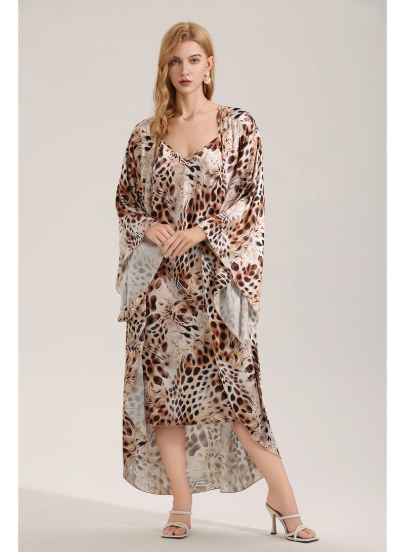 Closme Elegant Animal Print Satin Kimono Robe – Loose Fit Beach Cover Up for Women - Image 1