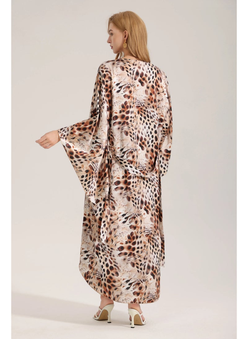 Closme Elegant Animal Print Satin Kimono Robe – Loose Fit Beach Cover Up for Women - Image 2
