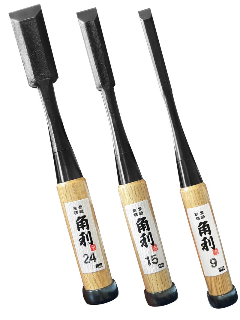 KAKURI Japanese Wood Chisel Set 3 Piece for Woodworking, Made in JAPAN, Japanese Oire Nomi for Carve, Mortise, Dovetail, Sharp Japanese Carbon Steel Blade, White Oak Wood Handle - Image 1
