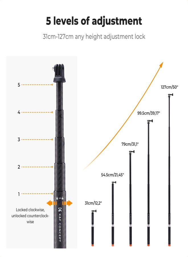 K&F Concept Invisible Selfie Stick, Extension Carbon Long Pole（127cm/50in） for Insta360 X5 Sports Camera GoPro DJI OSMO Pocket 3, 1/4" Extended Monopod with GoPro Adapter and Wrist Strap. - Image 3