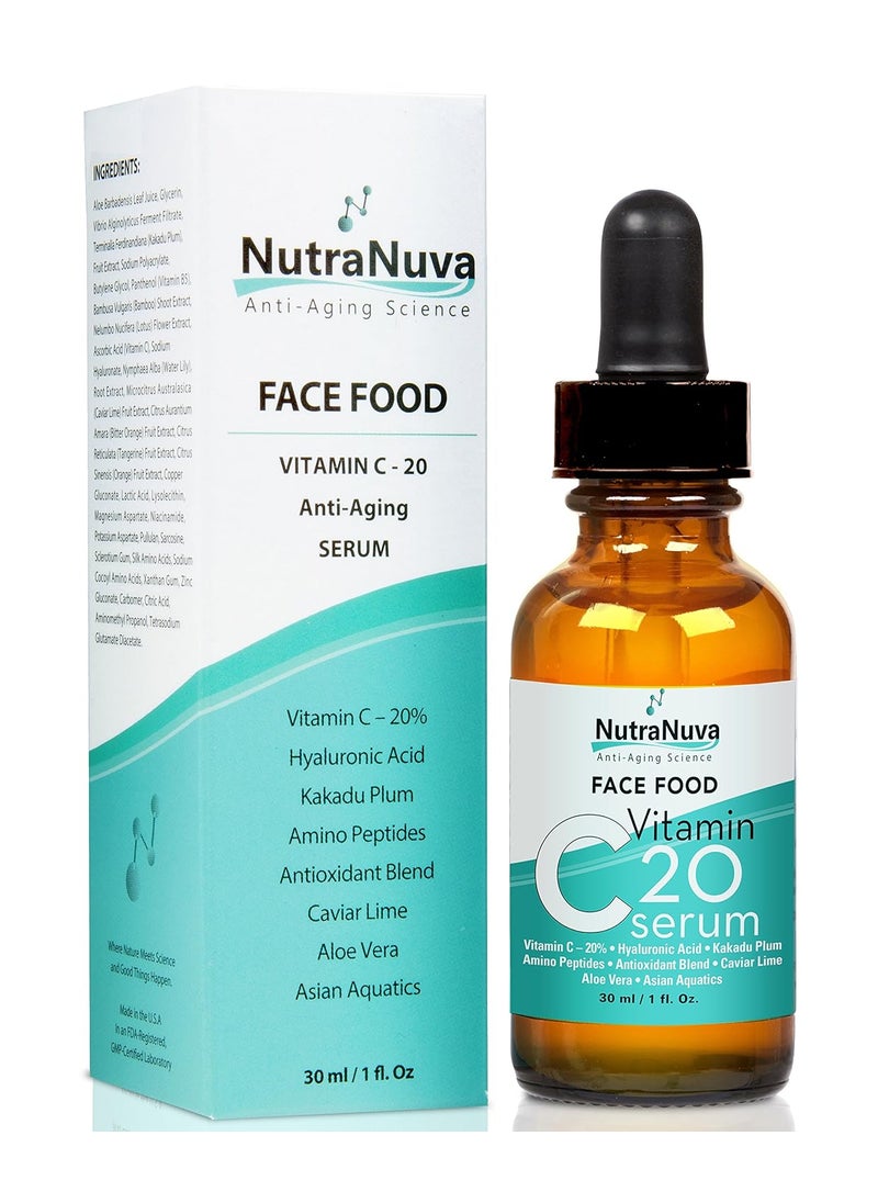 nutranuva Face Food Anti Aging Natural 20 Vitamin C Serum Complex VEGAN Formula Kakadu Plum Hyaluronic Acid Peptides Aquatic Plants Aloe and more for Wrinkles Age Spots Collagen1 fl Oz 