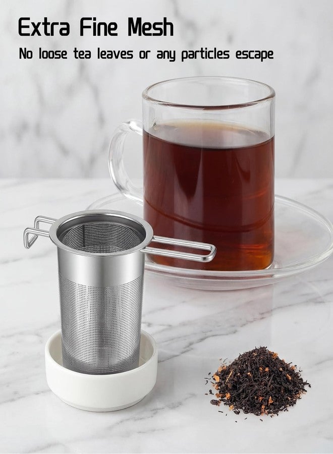 Ferrochef 2 Pack Extra Fine Tea Infuser with Ceramic Dish Set Stainless Steel Loose Leaf Strainer with Extended Handle, Large Extra Fine Mesh Tea Filter for Cups, Mugs & Teapots - Image 3