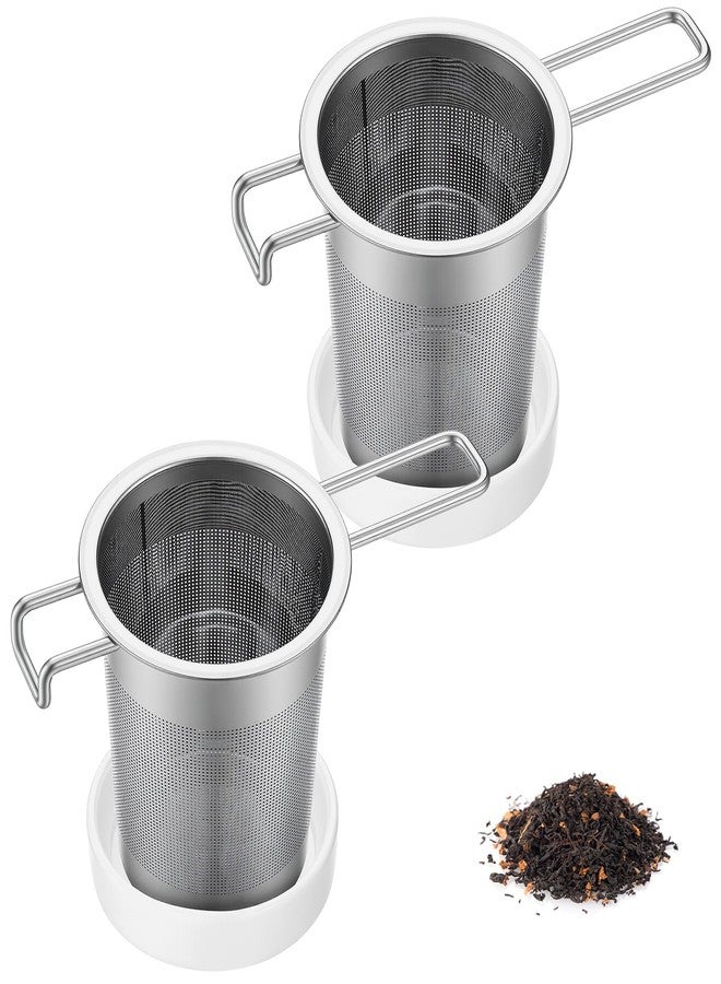 Ferrochef 2 Pack Extra Fine Tea Infuser with Ceramic Dish Set Stainless Steel Loose Leaf Strainer with Extended Handle, Large Extra Fine Mesh Tea Filter for Cups, Mugs & Teapots - Image 1