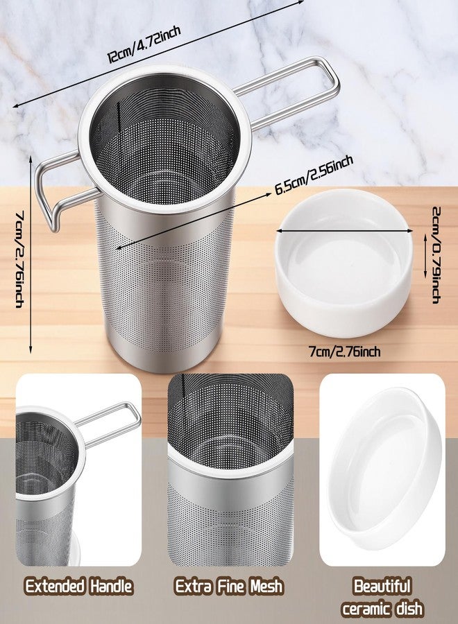Ferrochef 2 Pack Extra Fine Tea Infuser with Ceramic Dish Set Stainless Steel Loose Leaf Strainer with Extended Handle, Large Extra Fine Mesh Tea Filter for Cups, Mugs & Teapots - Image 2