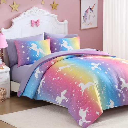 Kaleido Space Twin Comforter Set for Girls Kids 5 Pieces Rainbow Unicorn Patterns Twin Bedding Sets for Girls Teen Soft Cozy Bed in A Bag with Sheets - Image 3