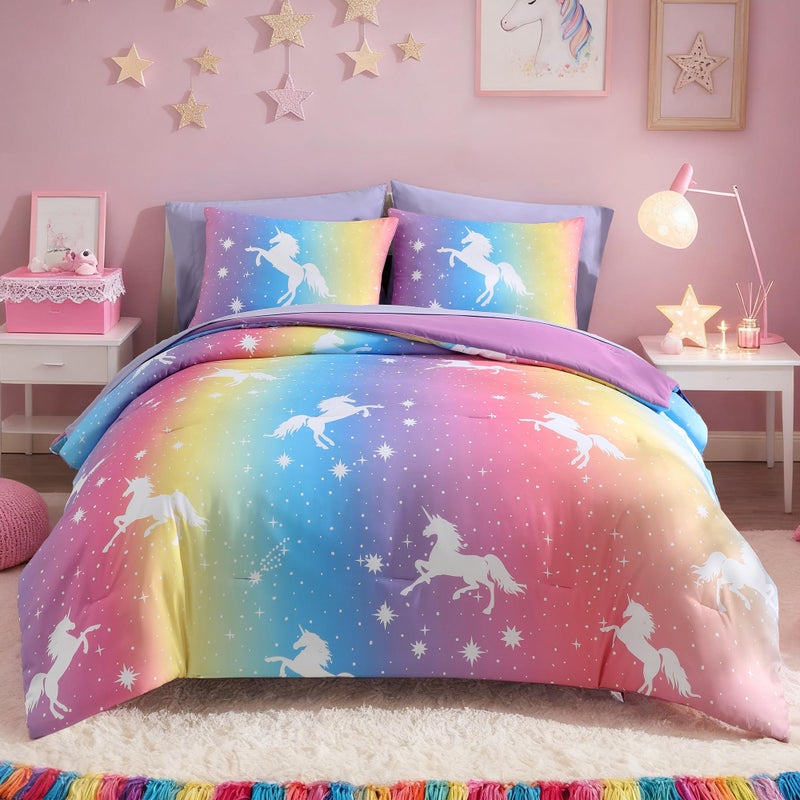 Kaleido Space Twin Comforter Set for Girls Kids 5 Pieces Rainbow Unicorn Patterns Twin Bedding Sets for Girls Teen Soft Cozy Bed in A Bag with Sheets - Image 2