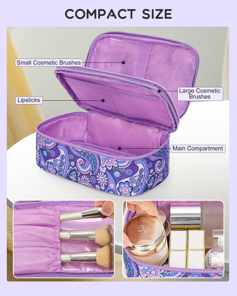Relavel Travel Makeup Bag, Small Floral Cosmetic Bag with Makeup Brush Compartment, Portable Makeup Pouch for Women, Double Layer Cute Toiletry Organizer Bag, Purple Flower - Image 3