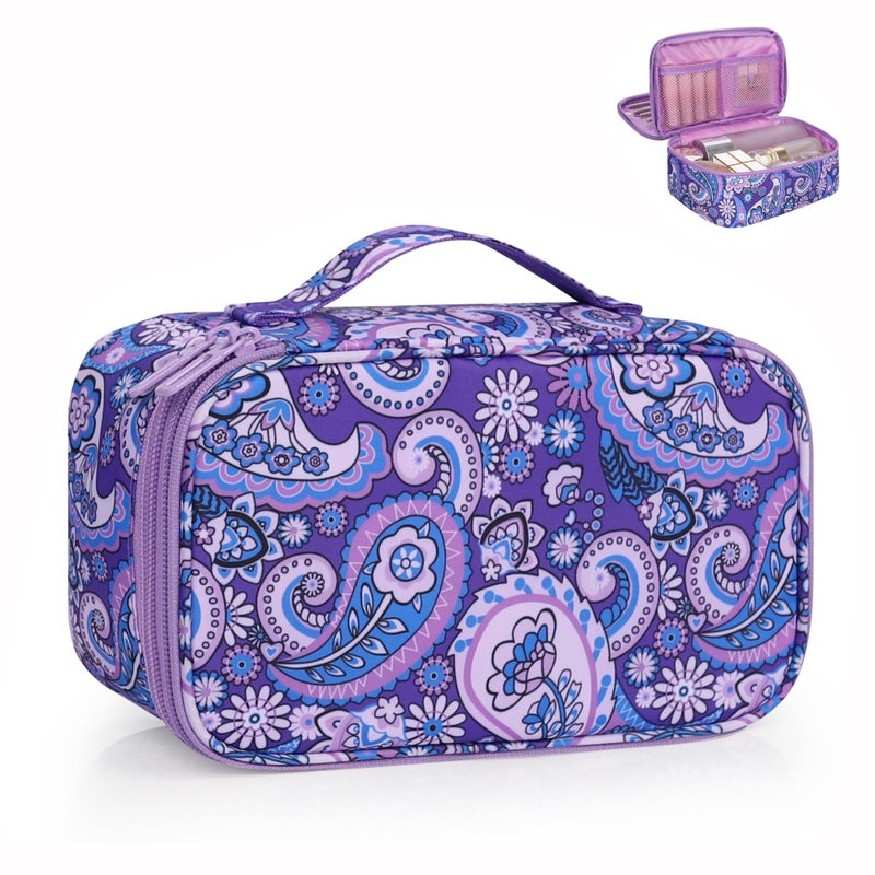 Relavel Travel Makeup Bag, Small Floral Cosmetic Bag with Makeup Brush Compartment, Portable Makeup Pouch for Women, Double Layer Cute Toiletry Organizer Bag, Purple Flower - Image 1