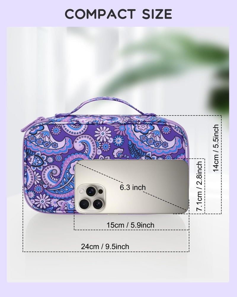 Relavel Travel Makeup Bag, Small Floral Cosmetic Bag with Makeup Brush Compartment, Portable Makeup Pouch for Women, Double Layer Cute Toiletry Organizer Bag, Purple Flower - Image 2
