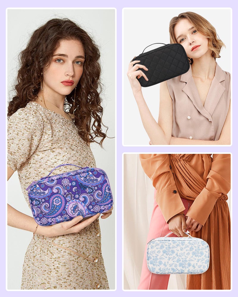 Relavel Travel Makeup Bag, Small Floral Cosmetic Bag with Makeup Brush Compartment, Portable Makeup Pouch for Women, Double Layer Cute Toiletry Organizer Bag, Purple Flower - Image 5