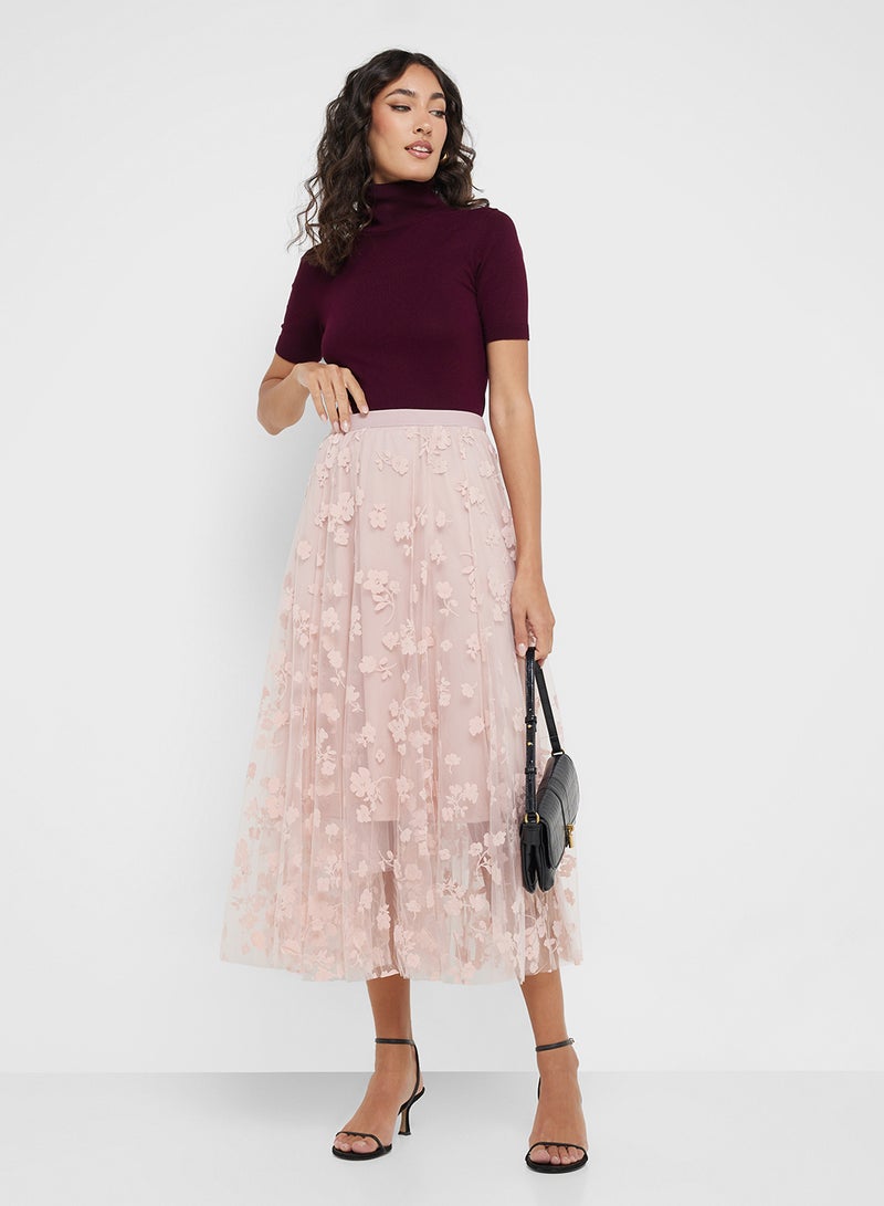 Ginger Floral Applique Pleated Tulle Midi Skirt - Image 1
