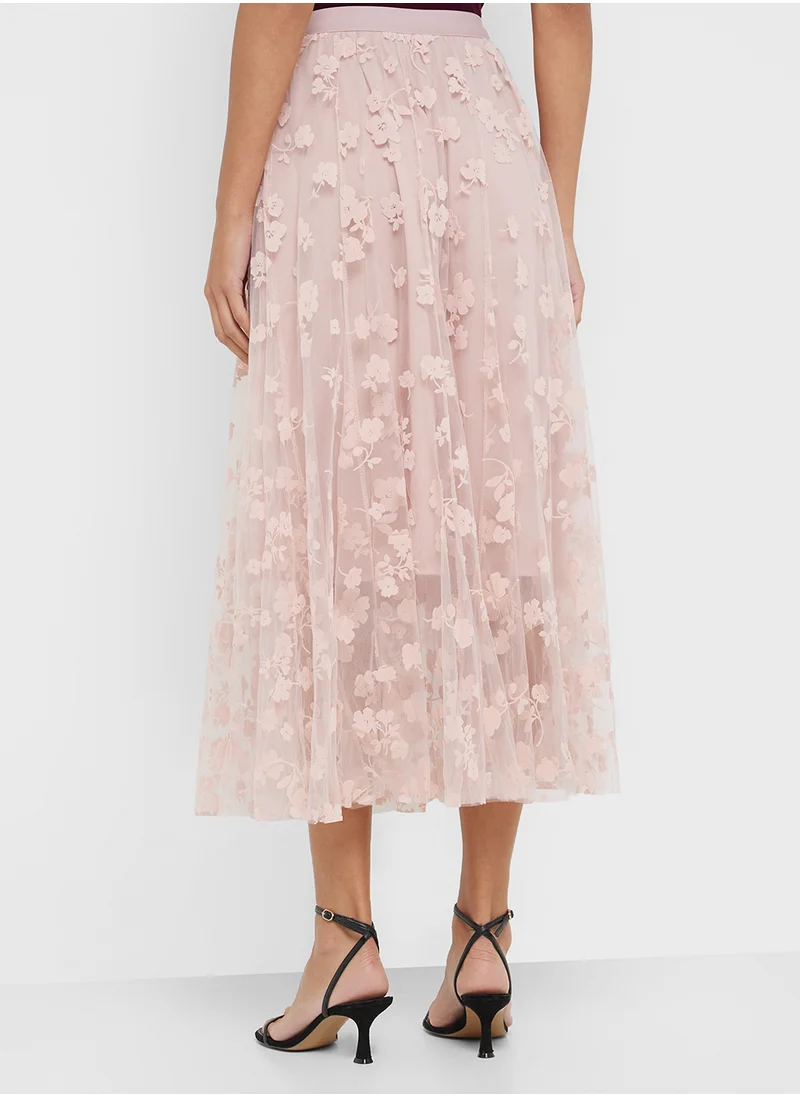 جينجر Floral Applique Pleated Tulle Midi Skirt