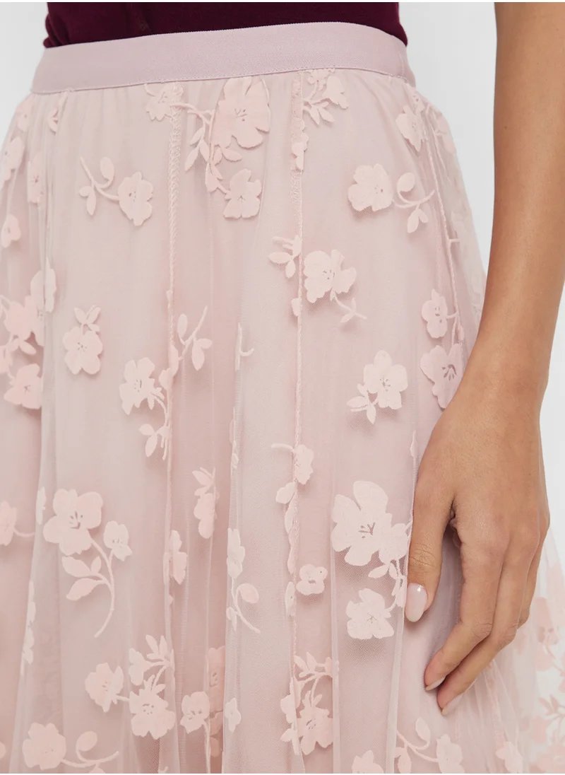 جينجر Floral Applique Pleated Tulle Midi Skirt