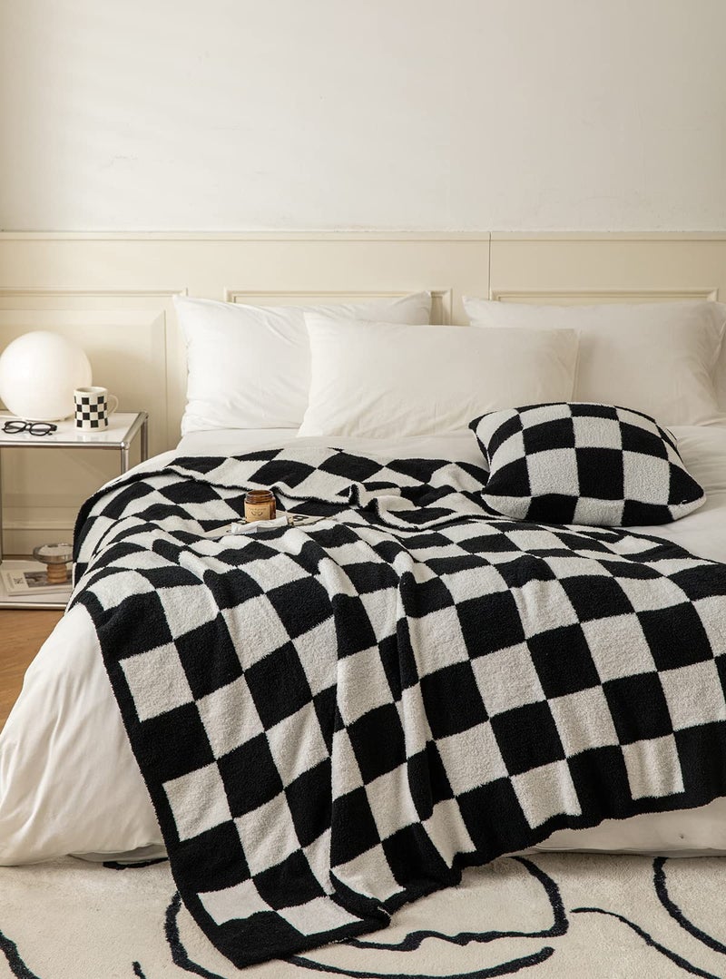 Ultra Soft Cozy Buffalo Checkerboard Grid Fluffy Microfiber Knitted Throw Blanket Lightweight Checkered Bed Blanket for Sofa Couch Bed Black 51X63