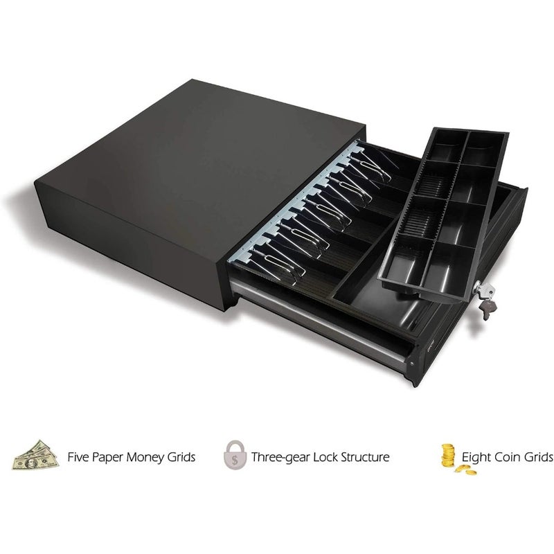 OSCAR Point Of Sale POS Cash Drawer OCH-410 Heavy Duty Automatic Open Bell Enabled RJ11 And RJ12 Printer Interface Status Micro Switch 5 Notes 8 Coins Black - Image 5