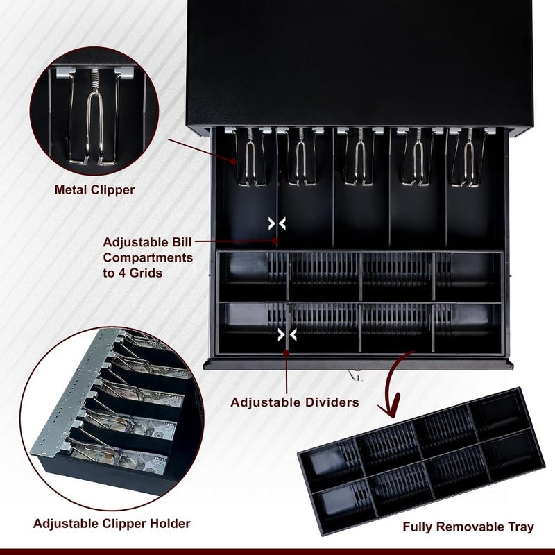 OSCAR Point Of Sale POS Cash Drawer OCH-410 Heavy Duty Automatic Open Bell Enabled RJ11 And RJ12 Printer Interface Status Micro Switch 5 Notes 8 Coins Black - Image 4