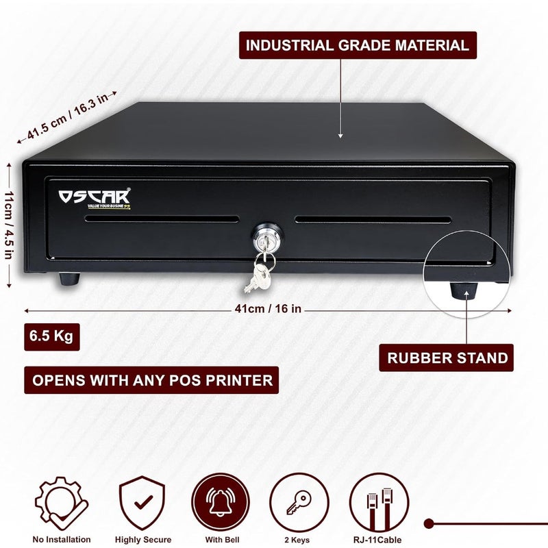 OSCAR Point Of Sale POS Cash Drawer OCH-410 Heavy Duty Automatic Open Bell Enabled RJ11 And RJ12 Printer Interface Status Micro Switch 5 Notes 8 Coins Black - Image 3