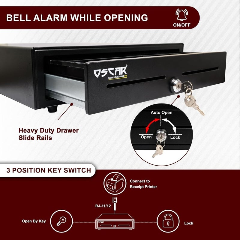 OSCAR Point Of Sale POS Cash Drawer OCH-410 Heavy Duty Automatic Open Bell Enabled RJ11 And RJ12 Printer Interface Status Micro Switch 5 Notes 8 Coins Black - Image 2