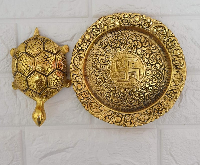 pranjals house Pranjals House Metal Feng Shui Tortoise On Plate Showpiece Golden Diameter 6 Inch - Image 1
