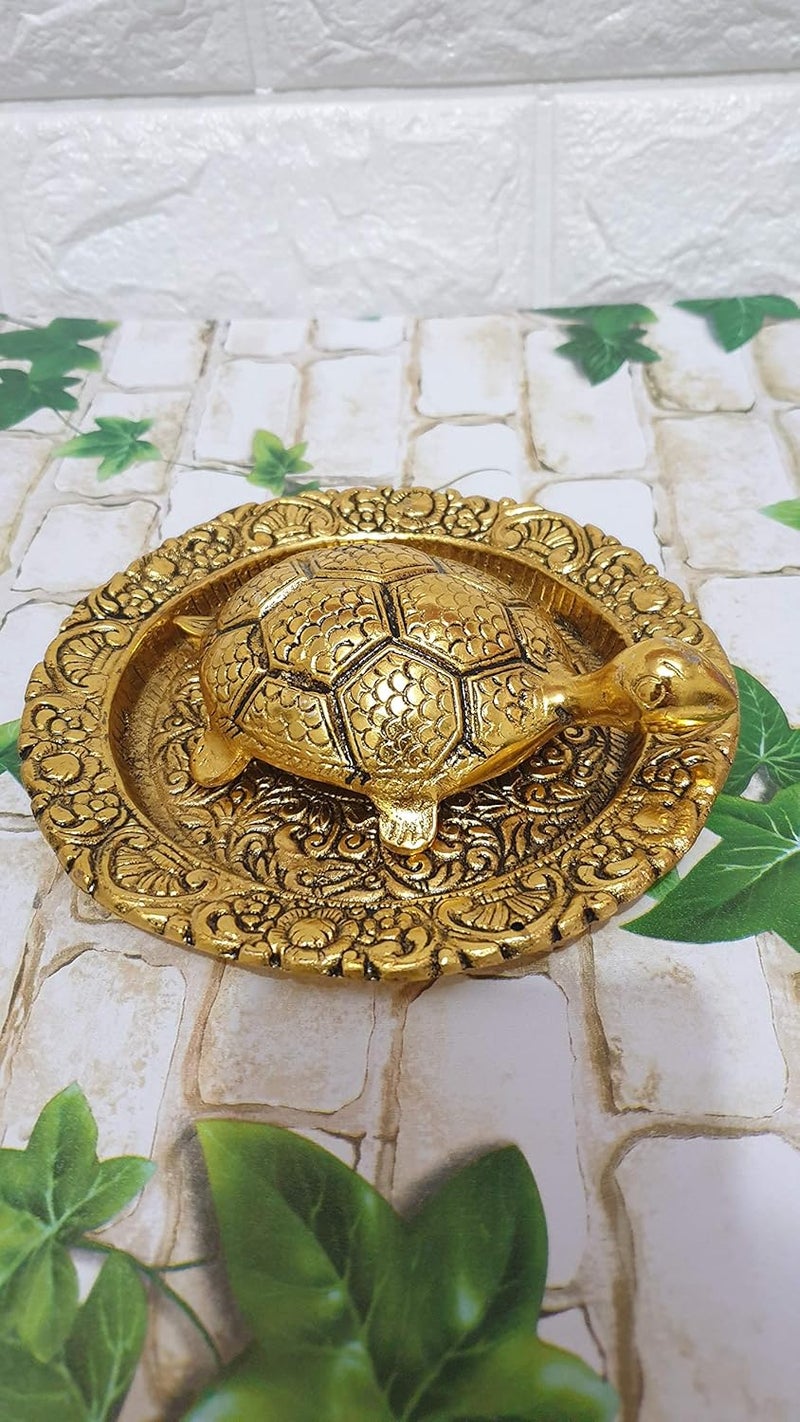 pranjals house Pranjals House Metal Feng Shui Tortoise On Plate Showpiece Golden Diameter 6 Inch - Image 3