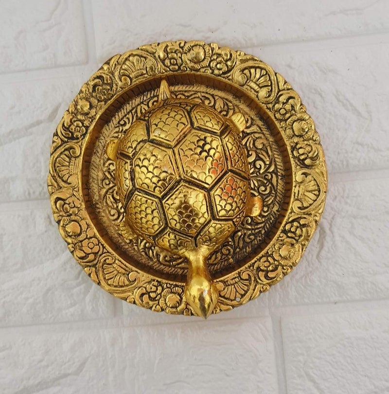 pranjals house Pranjals House Metal Feng Shui Tortoise On Plate Showpiece Golden Diameter 6 Inch - Image 2