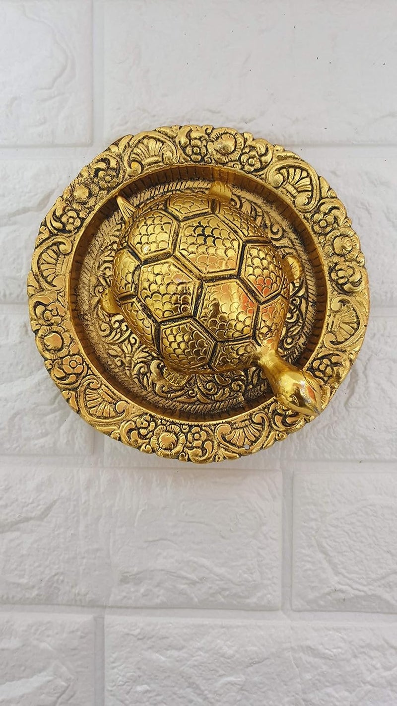pranjals house Pranjals House Metal Feng Shui Tortoise On Plate Showpiece Golden Diameter 6 Inch - Image 5