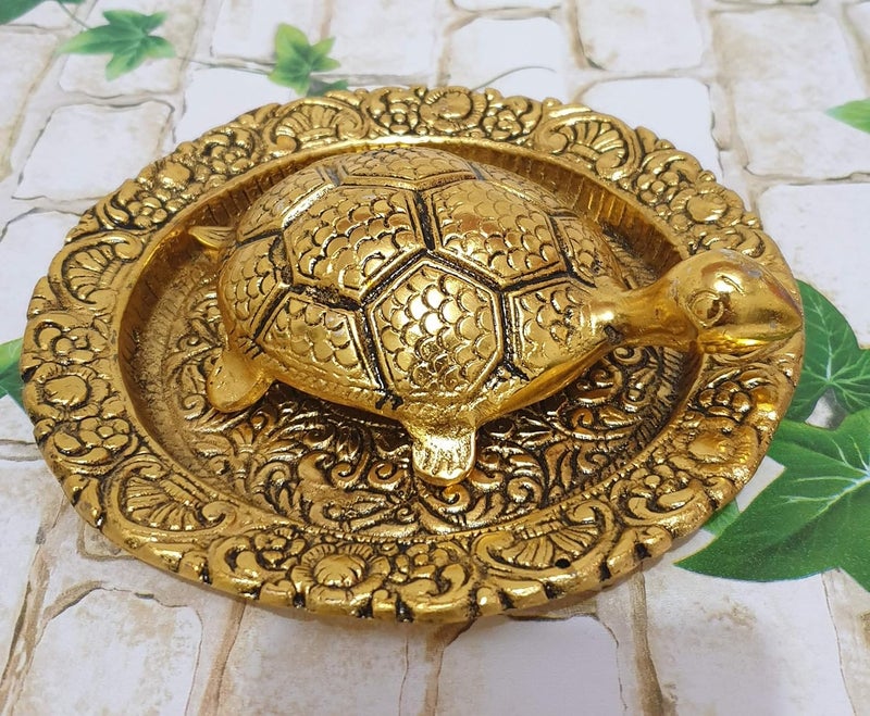 pranjals house Pranjals House Metal Feng Shui Tortoise On Plate Showpiece Golden Diameter 6 Inch - Image 4