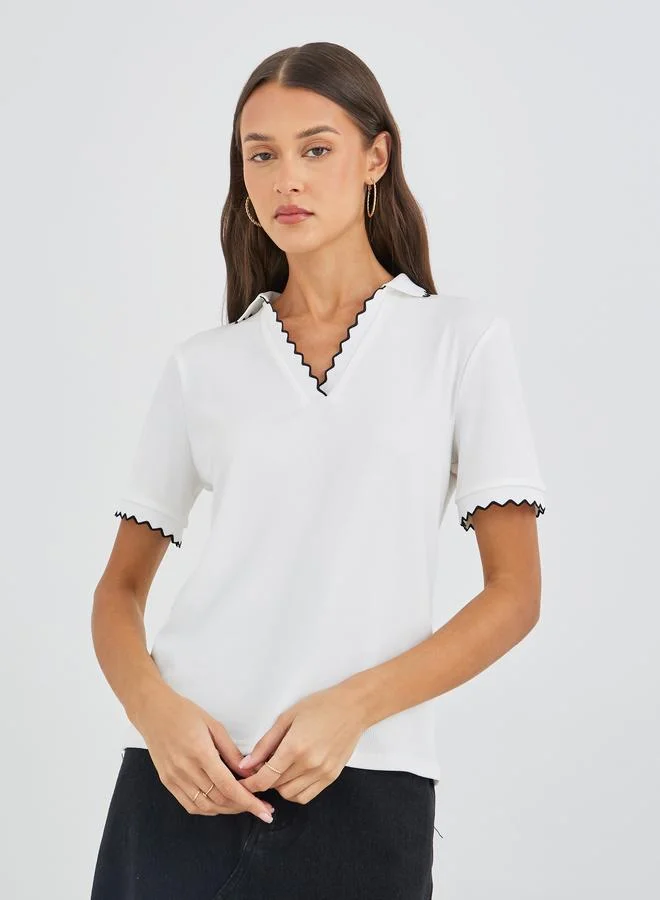 Styli Styli Rib Knit Short Sleeve Polo Neck Top