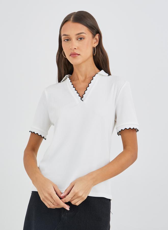 Styli Rib Knit Short Sleeve Polo Neck Top - Image 3