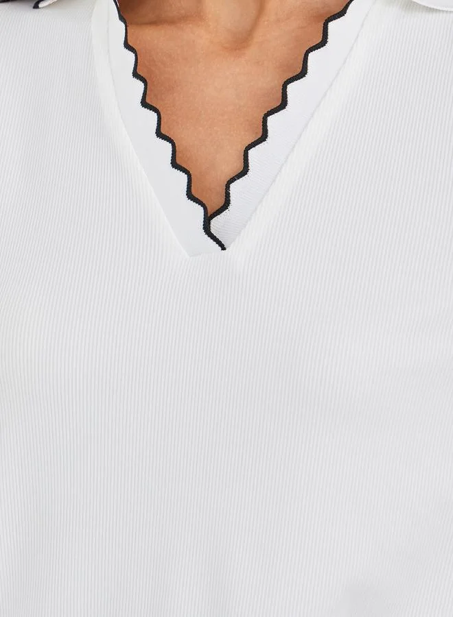 Styli Styli Rib Knit Short Sleeve Polo Neck Top