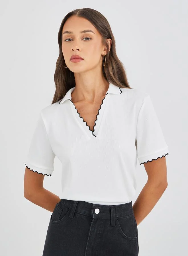 Styli Styli Rib Knit Short Sleeve Polo Neck Top