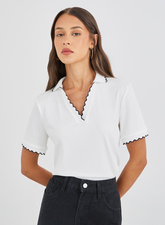 Styli Rib Knit Short Sleeve Polo Neck Top - Image 1